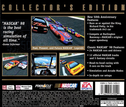 NASCAR 98 Collector’s Edition for PlayStation 1, back of case for a stock car racing game with NASCAR competition, licensed drivers, fast-paced arcade racing, and motorsports gameplay