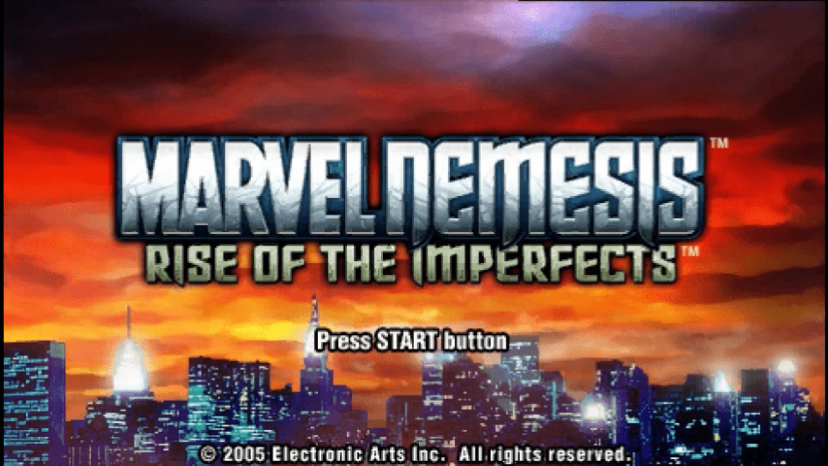 Marvel Nemesis: Rise of the Imperfects for PlayStation Portable (PSP) featuring a gritty superhero brawler where Marvel icons like Spider-Man and Wolverine face off against a powerful new team of alien-enhanced warriors; engage in brutal, environment-smashing combat across destructible arenas and uncover the sinister plot of the Imperfects in this dark, high-stakes expansion of the Marvel Universe optimized for handheld play main menu title screen