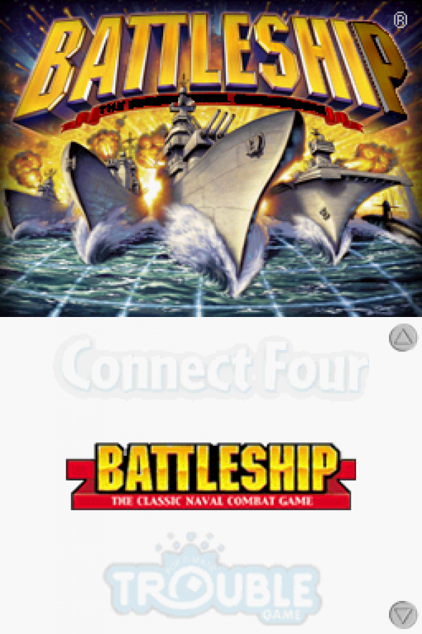Battleship / Connect Four / Sorry / Trouble for Nintendo DS (DS), title screen for a retro video game featuring classic board game adaptations, strategy gameplay, multiplayer modes, puzzle challenges, and family-friendly competitive fun