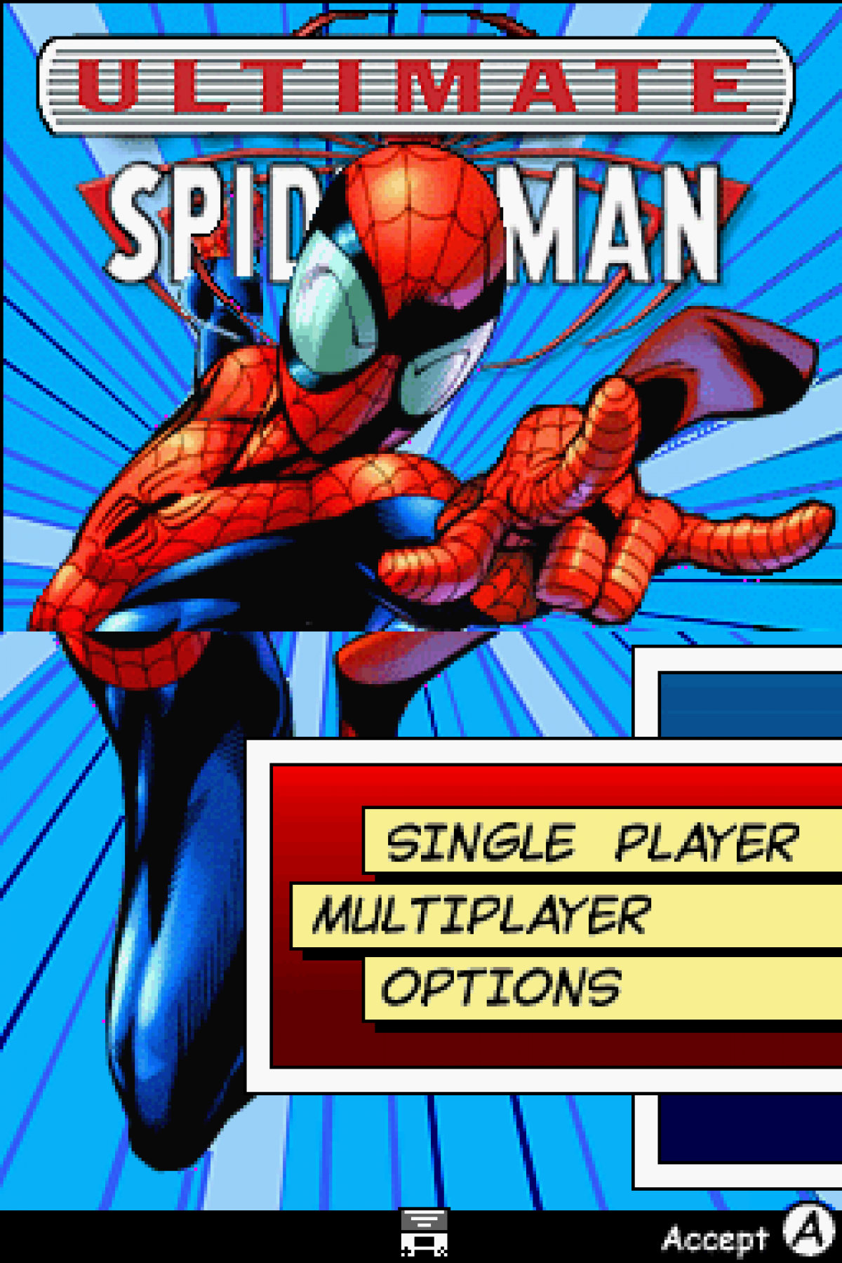 Ultimate Spider-Man Nintendo DS open-world action video game cel-shaded art style comic book adaptation play as both Spider-Man and Venom web-swinging combat missions collectibles Activision handheld exclusive main menu title screen
