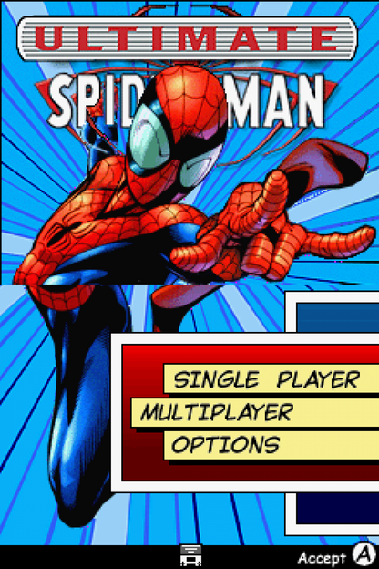 Ultimate Spider-Man Nintendo DS open-world action video game cel-shaded art style comic book adaptation play as both Spider-Man and Venom web-swinging combat missions collectibles Activision handheld exclusive main menu title screen