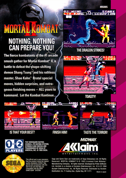 Mortal Kombat II back cover art for Sega Game Gear (GG) video game