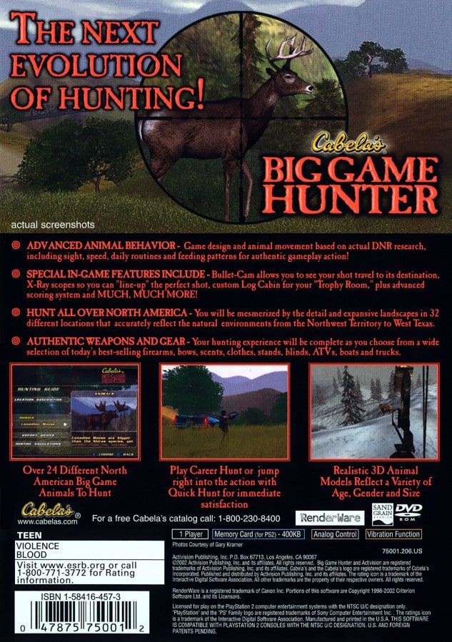 Cabela's Big Game Hunter [Greatest Hits] – PlayStation 2 (PS2) hunting simulation sports video game back of case