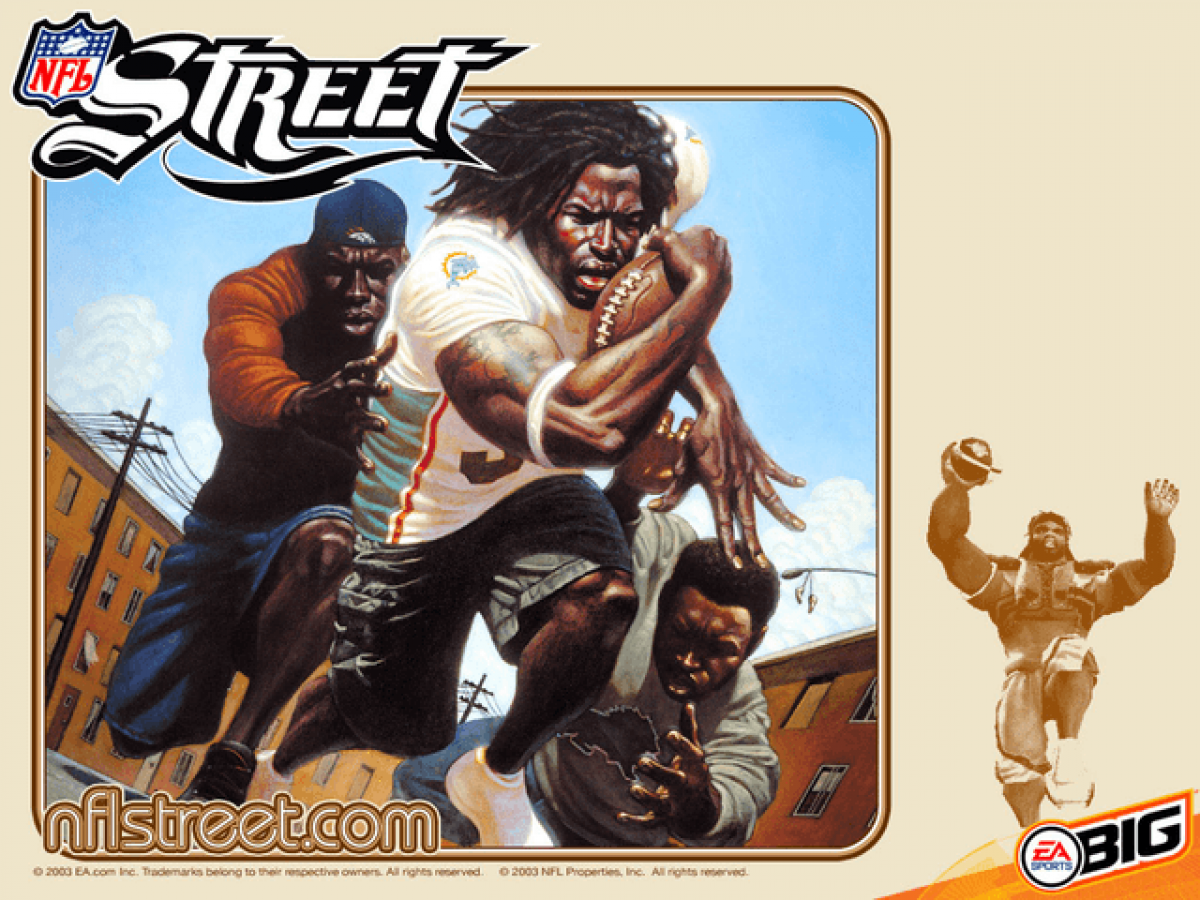 Promotional poster for NFL Street video game featuring athletes in action.