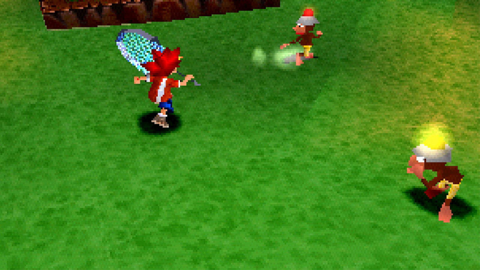 Ape Escape for PlayStation 1 action platformer featuring Spike capturing runaway monkeys using gadgets dual analog controls colorful levels and adventure gameplay 