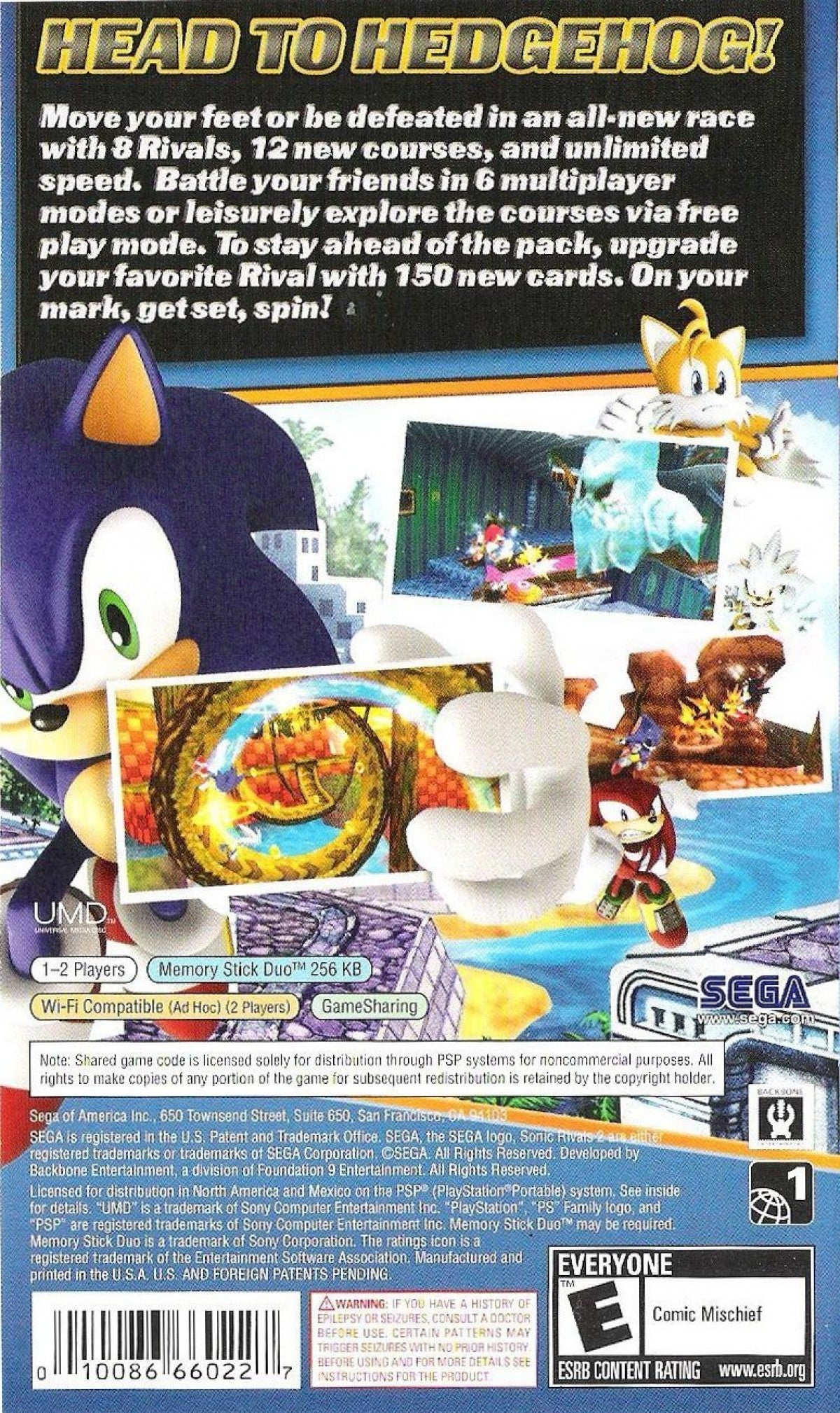 Sonic Rivals 2 PSP Sony PlayStation Portable platform racing game Sonic the Hedgehog SEGA side scrolling speed competition racing battles Knuckles Shadow Sonic characters multiplayer handheld platformer PSP software video game title back cover
