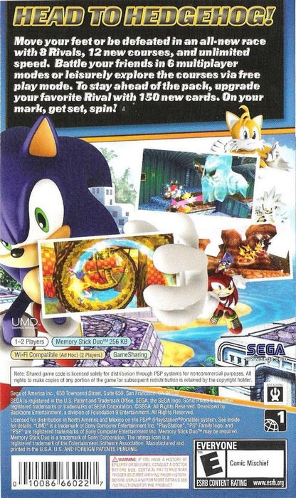Sonic Rivals 2 PSP Sony PlayStation Portable platform racing game Sonic the Hedgehog SEGA side scrolling speed competition racing battles Knuckles Shadow Sonic characters multiplayer handheld platformer PSP software video game title back cover