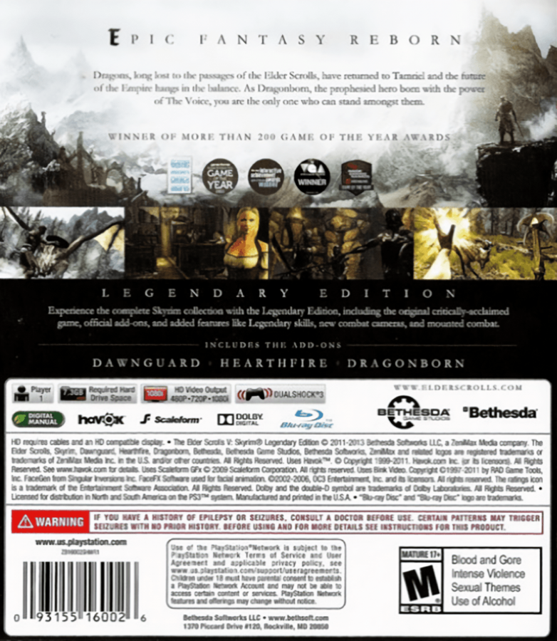 The Elder Scrolls V: Skyrim [Legendary Edition] back cover for PlayStation 3 (PS3) video game
