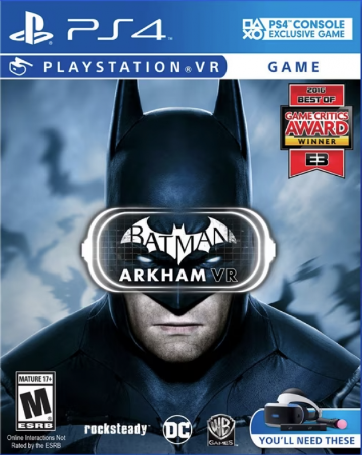 Batman Arkham VR for PlayStation 4, cover image for a virtual reality action-adventure video game with detective gameplay, immersive exploration, puzzle-solving, and Batman-themed mystery