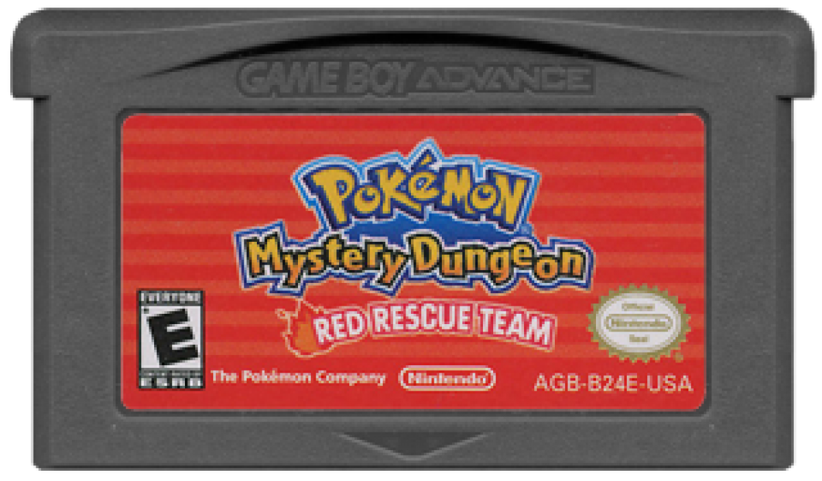 Pokemon Mystery Dungeon Red Rescue Team Game Boy Advance cartridge for retro video game featuring dungeon crawling adventure gameplay, Pokémon rescue missions, turn based exploration, randomly generated dungeons, beloved Pokémon characters, and classic handheld RPG action on GBA