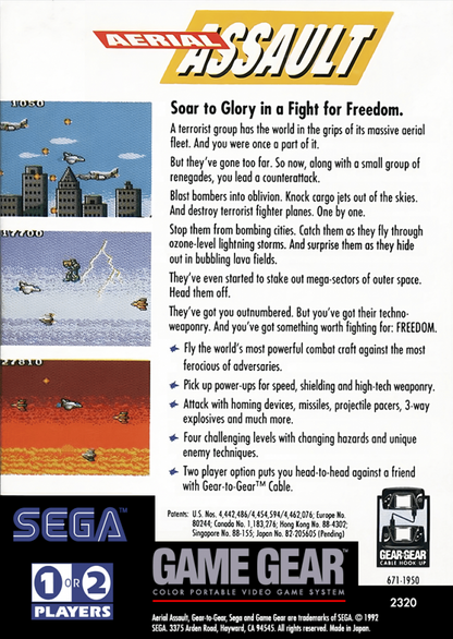 Aerial Assault back cover art for Sega Game Gear (GG) video game