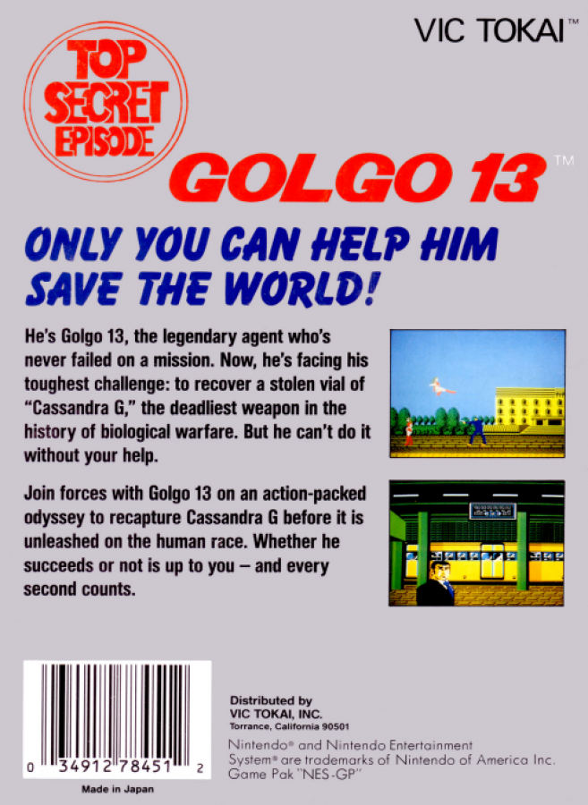 Golgo 13: Top Secret Episode back of box for Nintendo Entertainment System (NES) retro video game 