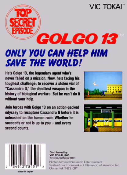 Golgo 13: Top Secret Episode back of box for Nintendo Entertainment System (NES) retro video game 