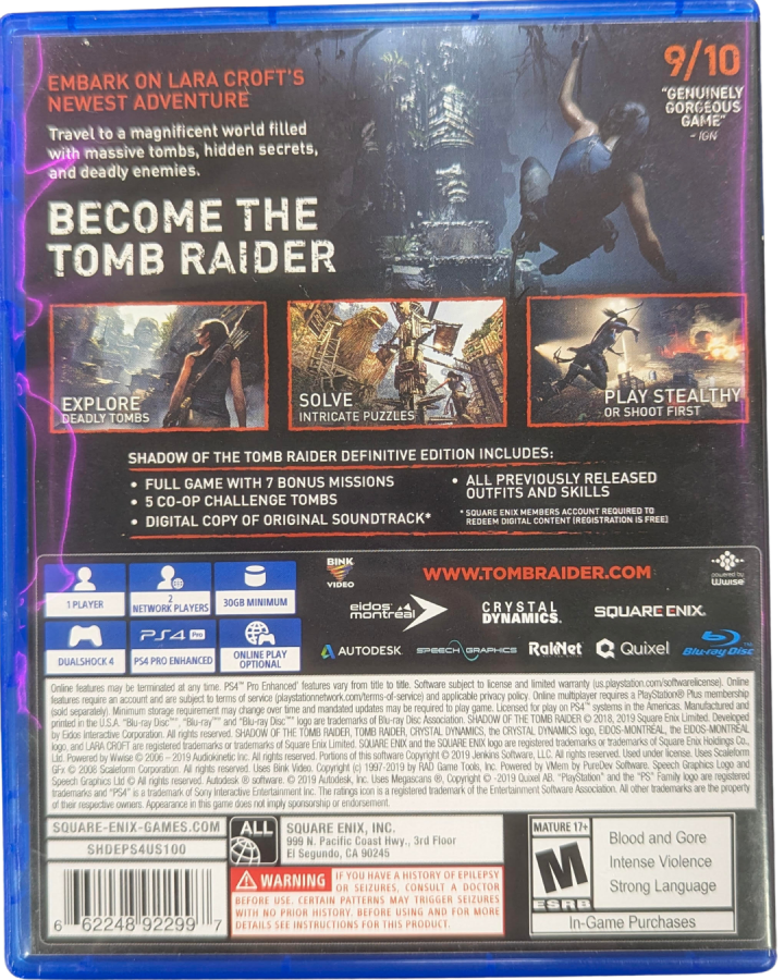 Shadow of the Tomb Raider Definitive Edition PlayStation 4 PS4 video game, action adventure, exploration and puzzles, Lara Croft, complete edition back cover