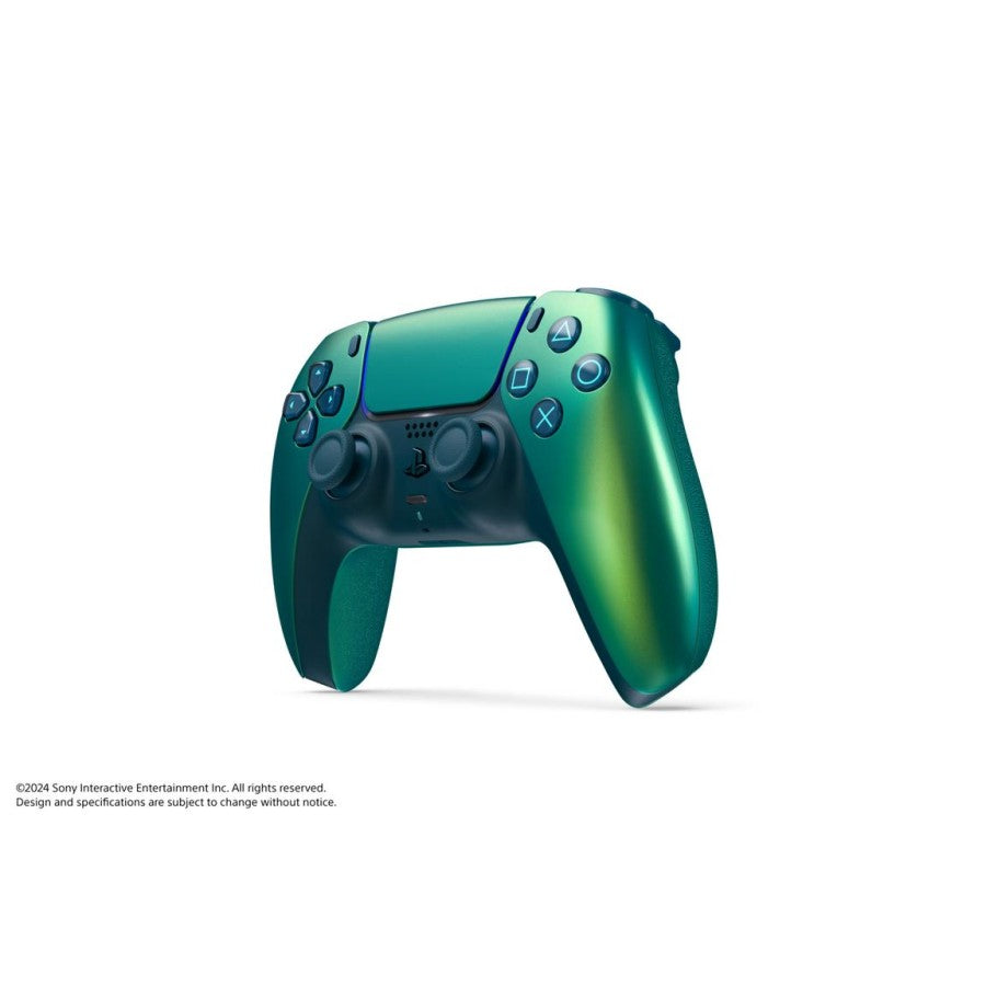 PlayStation 5 DualSense Wireless Controller Chroma Teal Pre Owned PS5 gaming accessory featuring vibrant Chroma Teal color design wireless Bluetooth connectivity adaptive triggers haptic feedback immersive vibration built in microphone motion sensors touchpad ergonomic grip rechargeable battery and responsive PlayStation 5 gaming controls collectible controller accessory and gaming setup appeal side