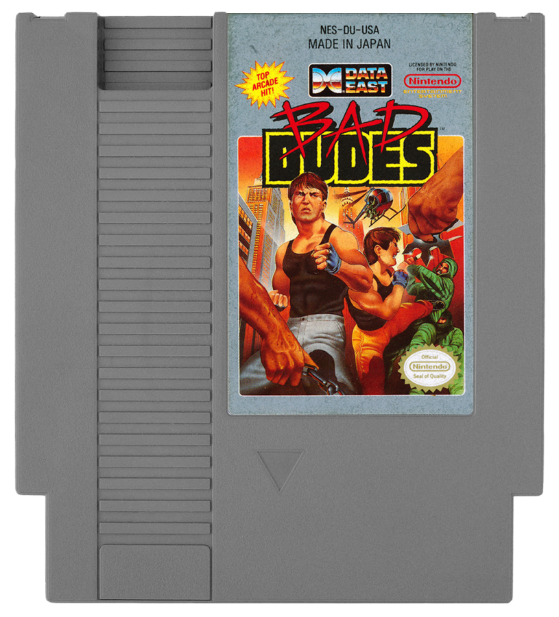Bad Dudes retro NES video game Bad Dudes side scrolling beat em up action combat arcade style fighting cooperative gameplay classic console title Nintendo Entertainment System release cartridge