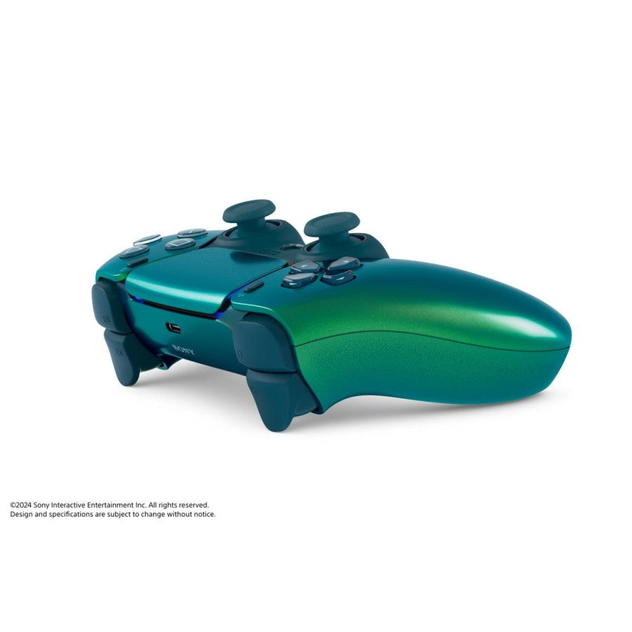 PlayStation 5 DualSense Wireless Controller Chroma Teal Pre Owned PS5 gaming accessory featuring vibrant Chroma Teal color design wireless Bluetooth connectivity adaptive triggers haptic feedback immersive vibration built in microphone motion sensors touchpad ergonomic grip rechargeable battery and responsive PlayStation 5 gaming controls collectible controller accessory and gaming setup appeal angle