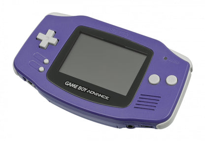 Front view of an indigo Game Boy Advance console with purple casing, single widescreen display, and standard button layout