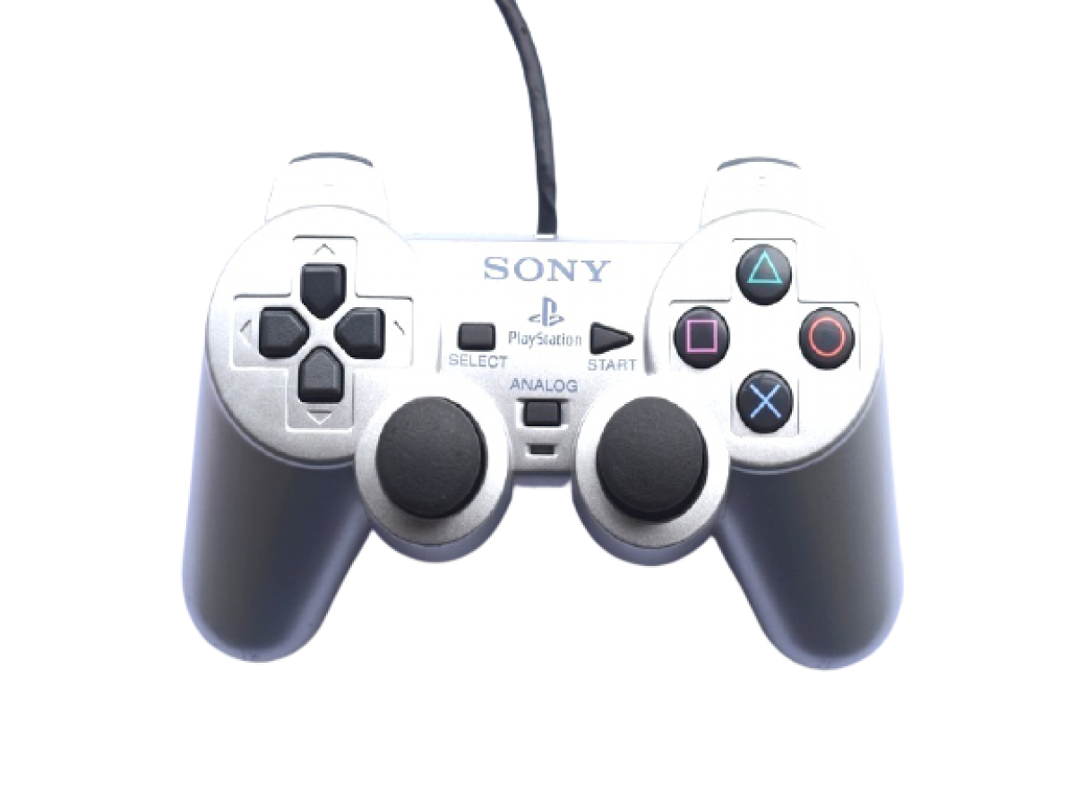 Silver PlayStation 2 DualShock 2 controller featuring analog precision, vibration feedback, and sleek metallic finish front view