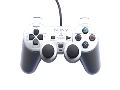 Silver PlayStation 2 DualShock 2 controller featuring analog precision, vibration feedback, and sleek metallic finish front view