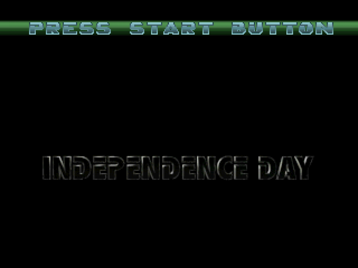 Independence Day PlayStation 1 PS1 third-person action flight combat video game based on the 1996 film alien invasion scenario aircraft dogfighting missions piloting F/A-18 Hornet AV-8B Harrier title screen