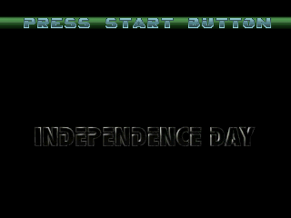Independence Day PlayStation 1 PS1 third-person action flight combat video game based on the 1996 film alien invasion scenario aircraft dogfighting missions piloting F/A-18 Hornet AV-8B Harrier title screen