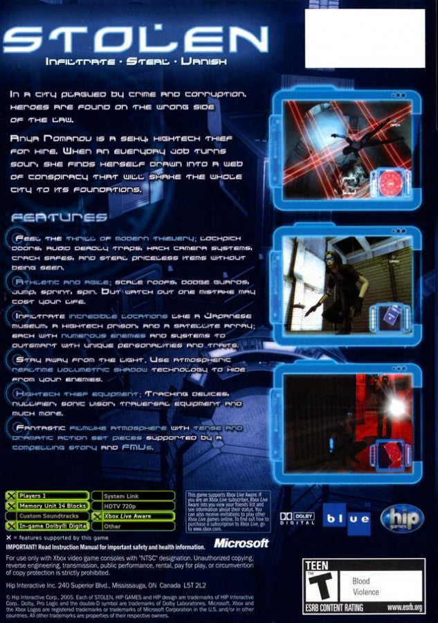 Stolen back cover art for Xbox (XBOX) video game