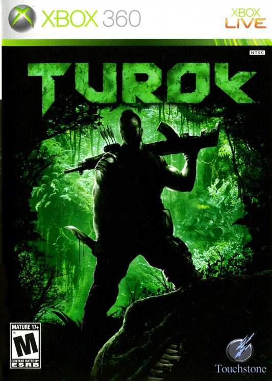 Turok for Xbox 360 first person shooter video game featuring brutal dinosaur combat jungle environments intense survival action and classic sci fi shooter franchise experience cover art