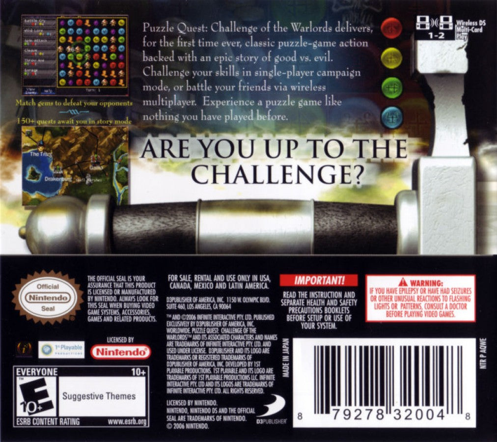 Puzzle Quest Challenge of the Warlords Nintendo DS game featuring match three puzzle RPG gameplay with turn based battles character progression quests and strategic gem matching in a fantasy adventure world back cover