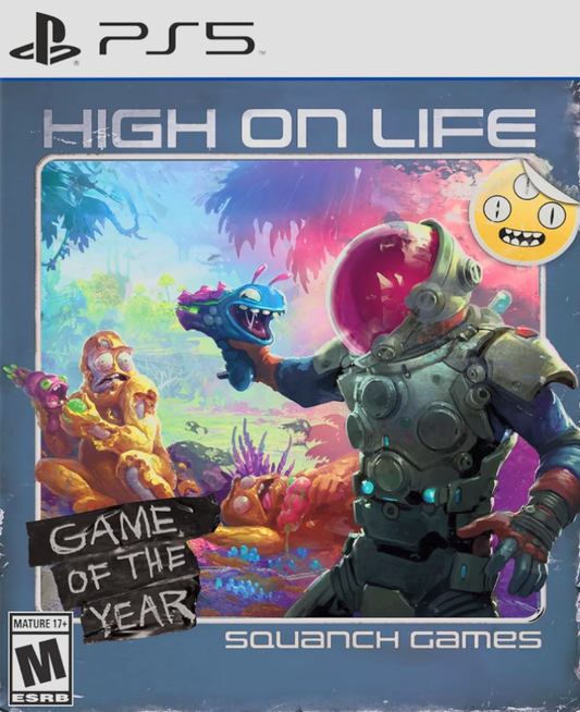 High on Life PlayStation 5 PS5 for first person shooter video game fans featuring comedic sci fi action colorful alien worlds talking weapons bounty hunting missions platforming exploration boss battles unique characters and irreverent humor with immersive next generation gameplay collectible gaming appeal front cover art