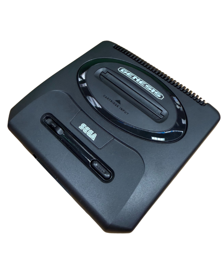 Top front view of a Sega Genesis Mini 2 console showing the top surface, controller ports, power button, and logo from a slightly angled perspective.