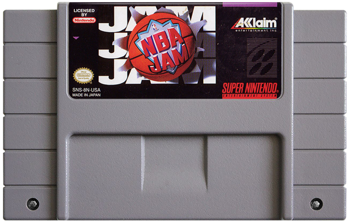 NBA Jam Super Nintendo Entertainment System SNES arcade basketball video game over the top two on two fast paced action turbo button flaming nets hang time dunks secret players multiplayer Midway 90s sports classic original arcade version cartridge