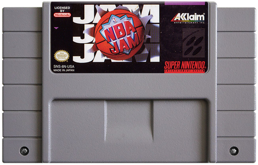 NBA Jam Super Nintendo Entertainment System SNES arcade basketball video game over the top two on two fast paced action turbo button flaming nets hang time dunks secret players multiplayer Midway 90s sports classic original arcade version cartridge