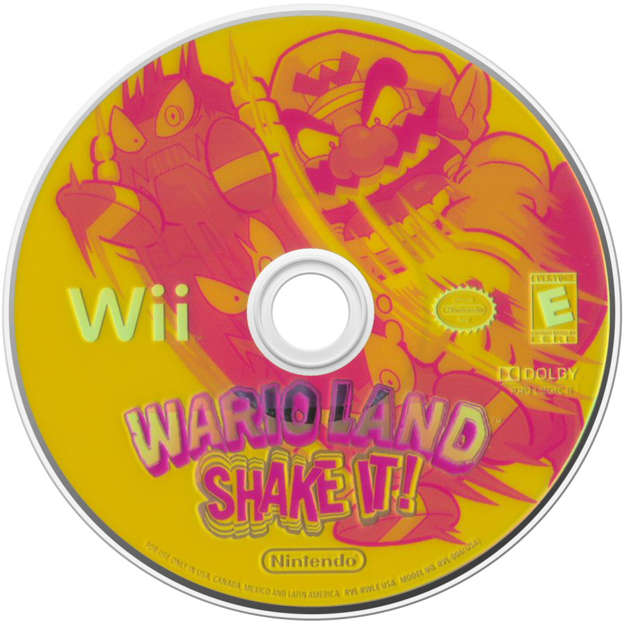 Wario Land: Shake It disc art for Nintendo Wii (Wii) featuring side‑scrolling platform action with hand‑drawn animation, treasure hunting, and motion‑controlled shaking mechanics.