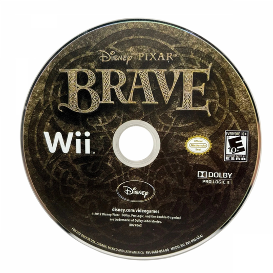 Disney Pixar Brave Nintendo Wii game featuring action adventure gameplay based on the Brave film with Merida using archery sword combat puzzle solving cooperative play and story driven levels set in a magical Scottish world disc