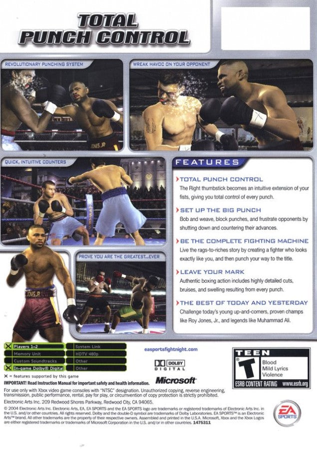 Back Box art for a boxing video game with character images and text on a white background for fight night 2004 on Xbox Original
