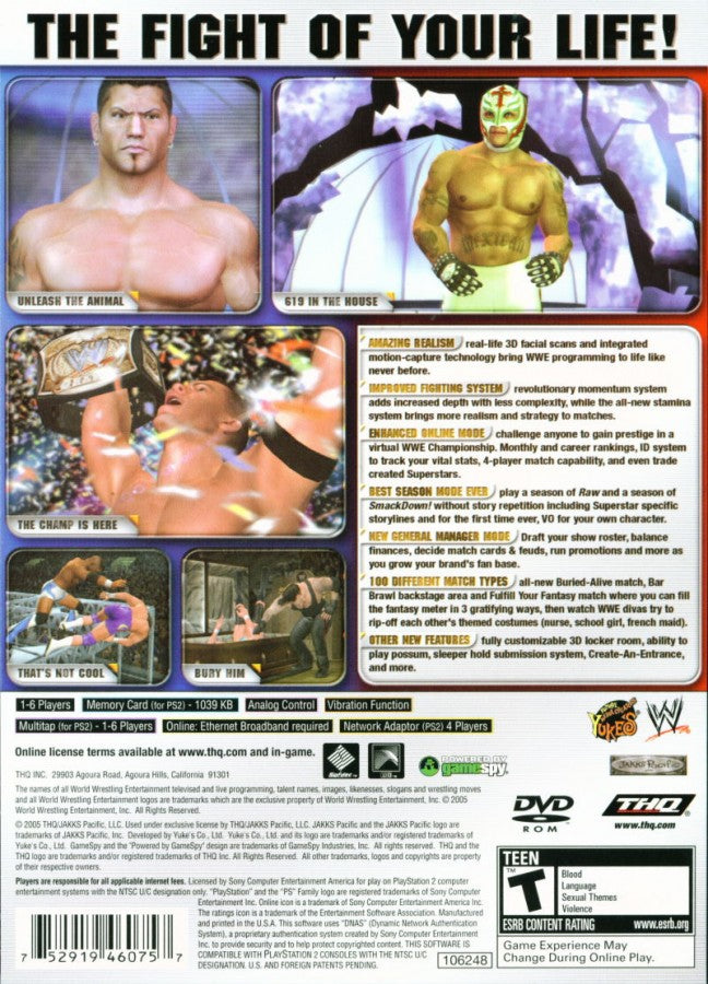 WWE SmackDown vs. Raw 2006 – PlayStation 2 (PS2) video game back of case, pro wrestling.