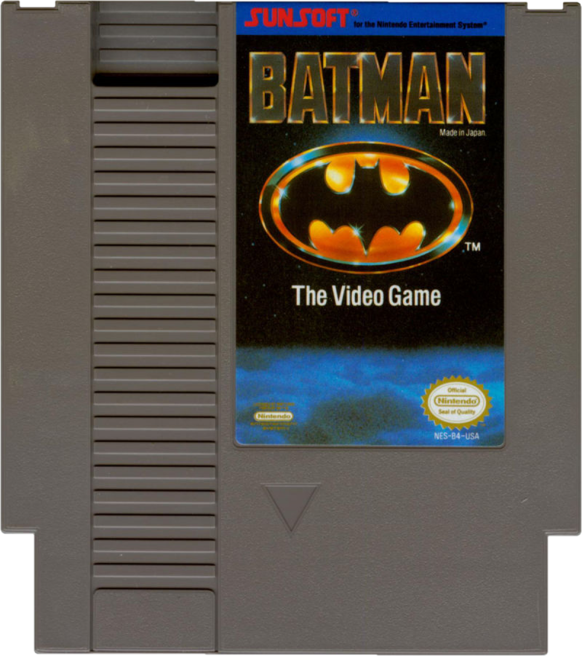 Batman The Video Game game for the Nintendo Entertainment System featuring side scrolling action platformer gameplay with wall jumping mechanics projectile weapons and challenging levels as Batman battles enemies across Gotham City inspired by the 1989 film cartridge