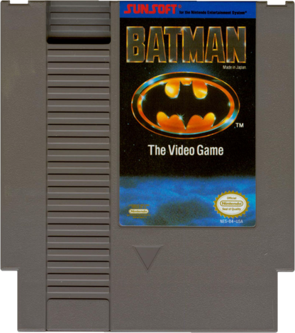 Batman The Video Game game for the Nintendo Entertainment System featuring side scrolling action platformer gameplay with wall jumping mechanics projectile weapons and challenging levels as Batman battles enemies across Gotham City inspired by the 1989 film cartridge