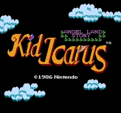 Kid Icarus cartridge for the Nintendo Entertainment System with five screw design featuring 8 bit side scrolling action platformer gameplay as Pit battles mythological enemies to rescue the goddess Palutena gameplay 