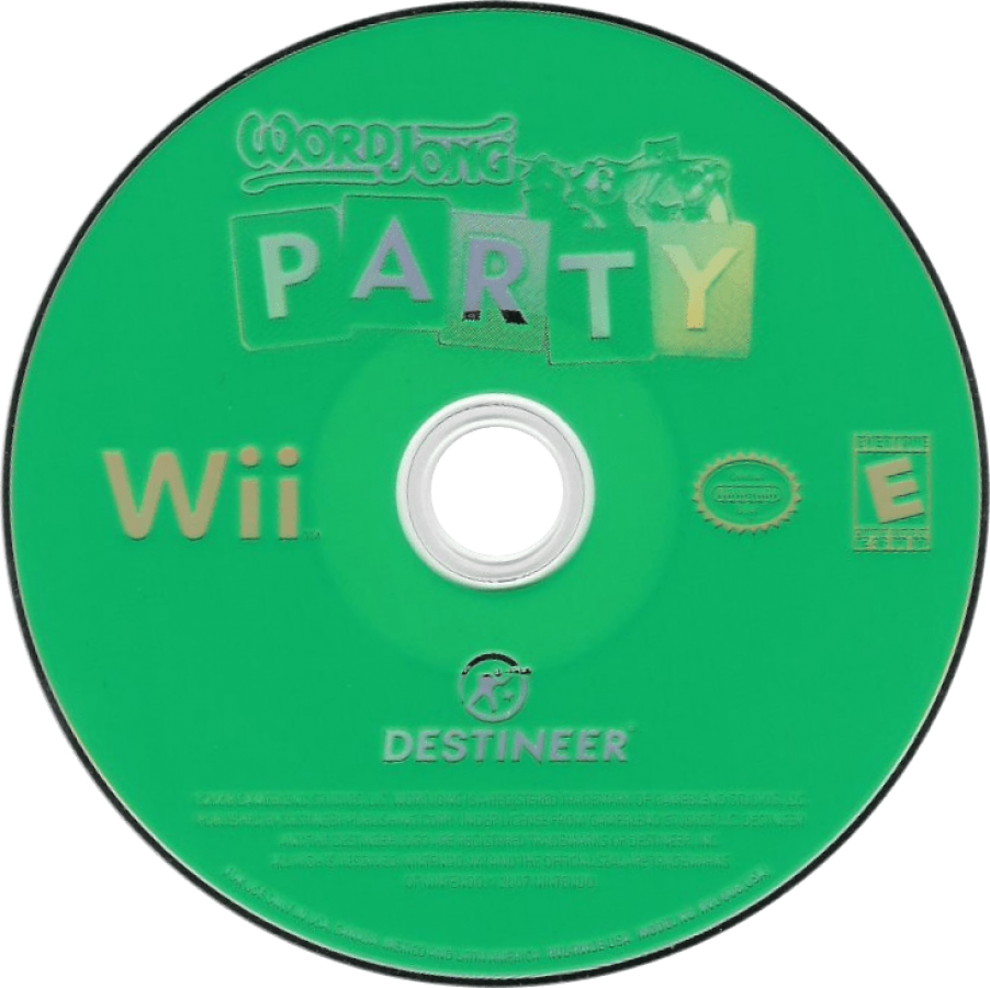 WordJong Party Wii inspired design featuring word puzzle and tile matching gameplay aesthetic casual family friendly challenges strategic vocabulary building colorful party game atmosphere relaxing brain training entertainment nostalgic Nintendo Wii presentation disc