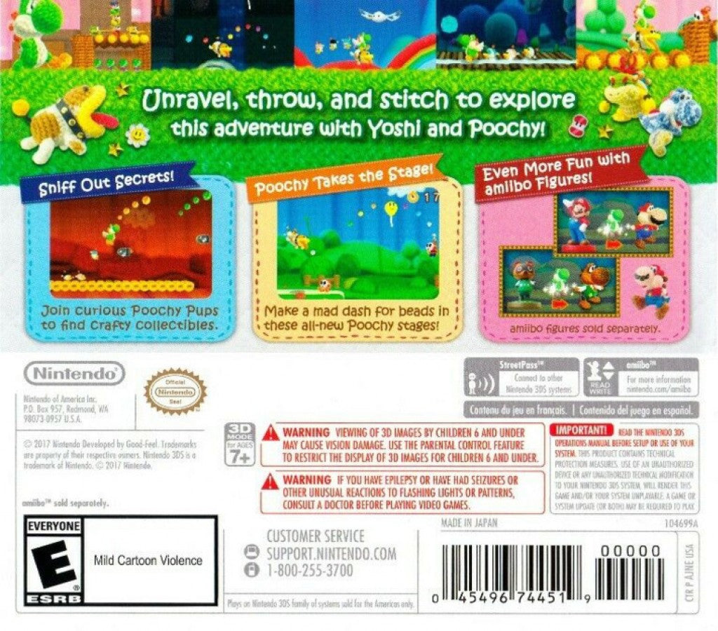Poochy & Yoshi's Wooly World back cover art for Nintendo 3DS (3DS) adventure video game