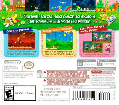 Poochy & Yoshi's Wooly World back cover art for Nintendo 3DS (3DS) adventure video game