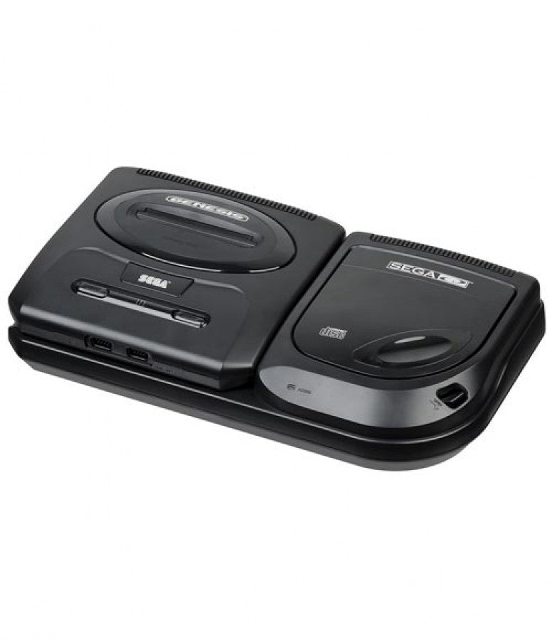 Top front view of the Model 2 Sega Genesis connected to the Model 2 Sega CD showing power buttons and cartridge slot