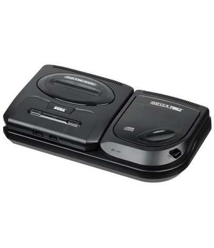 Top front view of the Model 2 Sega Genesis connected to the Model 2 Sega CD showing power buttons and cartridge slot