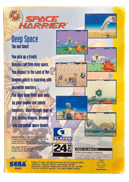 Space Harrier Sega 32X video game featuring fast paced arcade shooter gameplay third person flight action futuristic fantasy environments enemy battles giant creatures obstacle courses and classic Sega 32X gameplay retro video game collection collectible gaming appeal back cover art