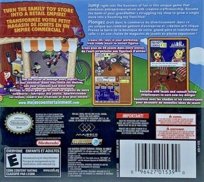 Toy Shop Nintendo DS game featuring shop simulation gameplay with toy crafting inventory management and business building mechanics in a casual family friendly setting back cover 