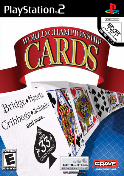 World Championship Cards PlayStation 2 card game compilation featuring classic games poker solitaire bridge hearts spades euchre cribbage multiplayer modes Casino Magic license front cover