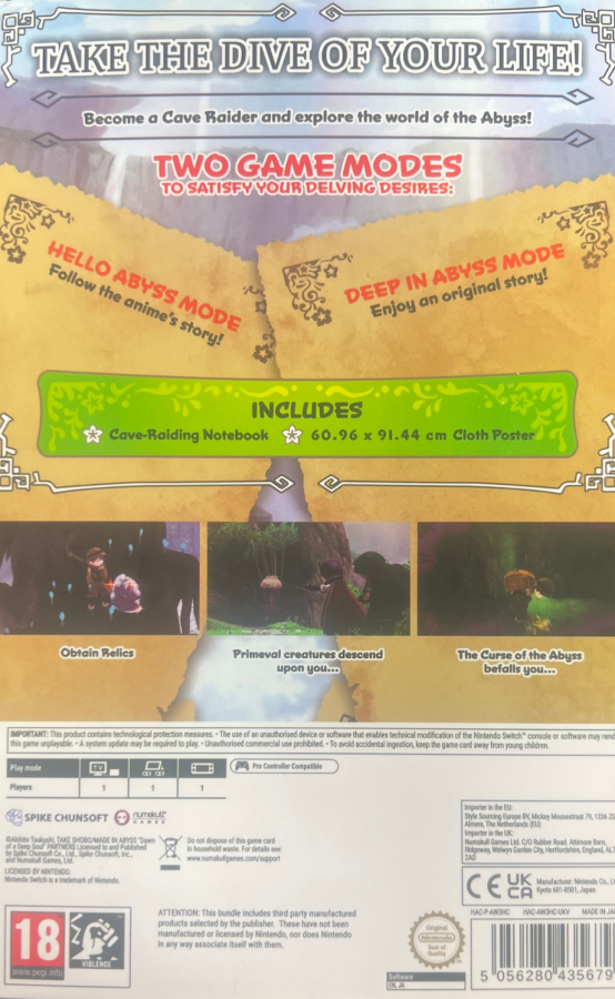 Made in Abyss Binary Star Falling Into Darkness Collector's Edition PAL Nintendo Switch NS for action role playing video game fans featuring deep cave exploration survival gameplay anime inspired visuals character progression dangerous creatures crafting resource management challenging expeditions and Collector's Edition content collectible gaming appeal back cover art