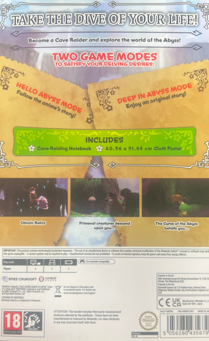 Made in Abyss Binary Star Falling Into Darkness Collector's Edition PAL Nintendo Switch NS for action role playing video game fans featuring deep cave exploration survival gameplay anime inspired visuals character progression dangerous creatures crafting resource management challenging expeditions and Collector's Edition content collectible gaming appeal back cover art